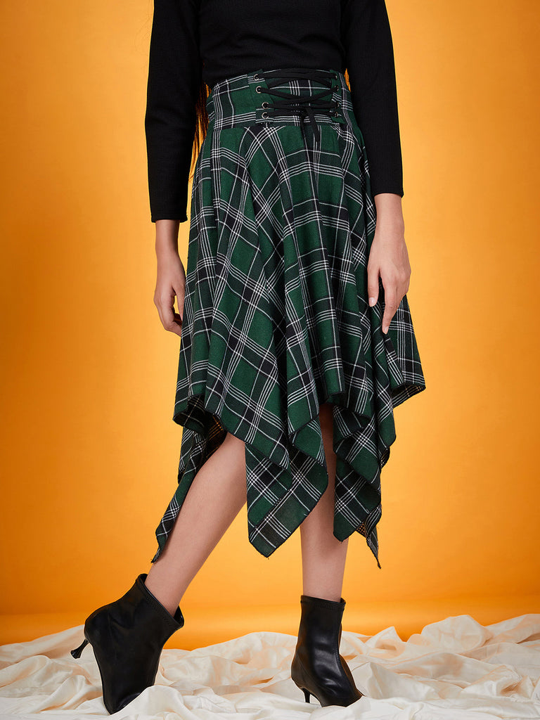 Girls Black solid Top with Green and black printed Skirt Checked Asymmetric Skirt Polyester Fiber (sk-greencheck)