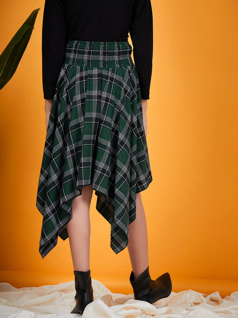 Girls Black solid Top with Green and black printed Skirt Checked Asymmetric Skirt Polyester Fiber (sk-greencheck)