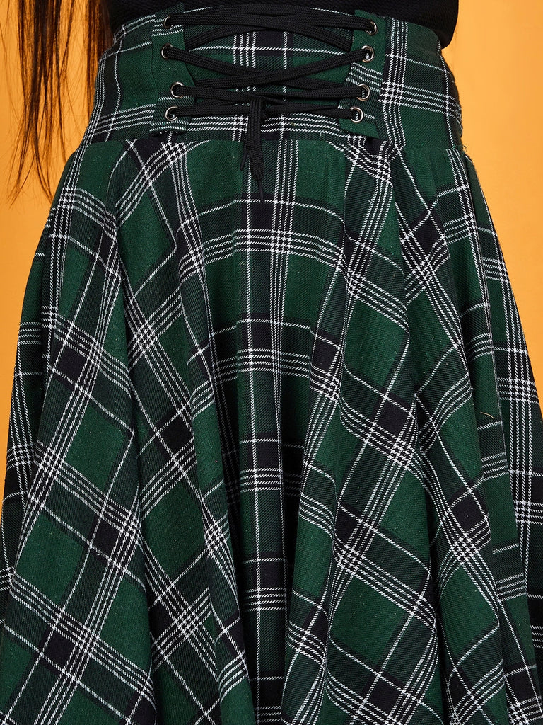 Girls Black solid Top with Green and black printed Skirt Checked Asymmetric Skirt Polyester Fiber (sk-greencheck)