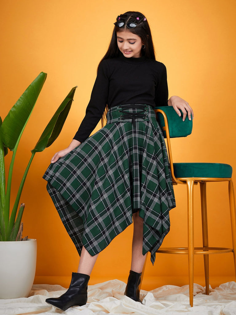 Girls Black solid Top with Green and black printed Skirt Checked Asymmetric Skirt Polyester Fiber (sk-greencheck)