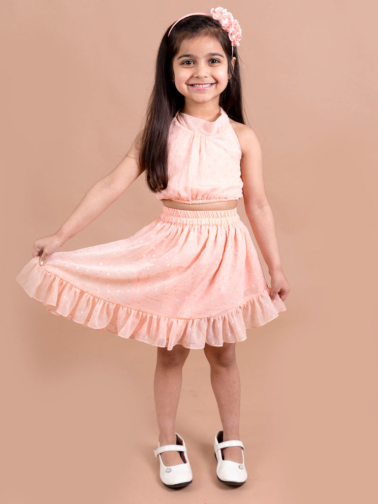 Pspeaches Girls Peach Solid Backless Detail Co-Ords Set (SK-PEACH LUREX)