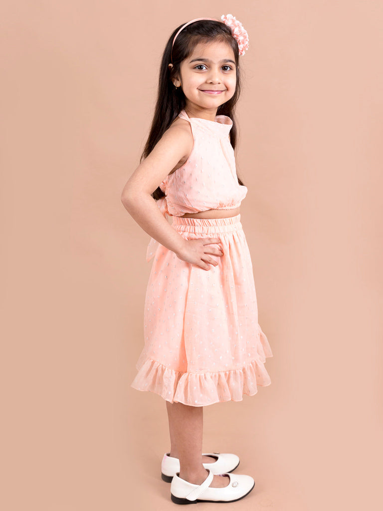 Pspeaches Girls Peach Solid Backless Detail Co-Ords Set (SK-PEACH LUREX)