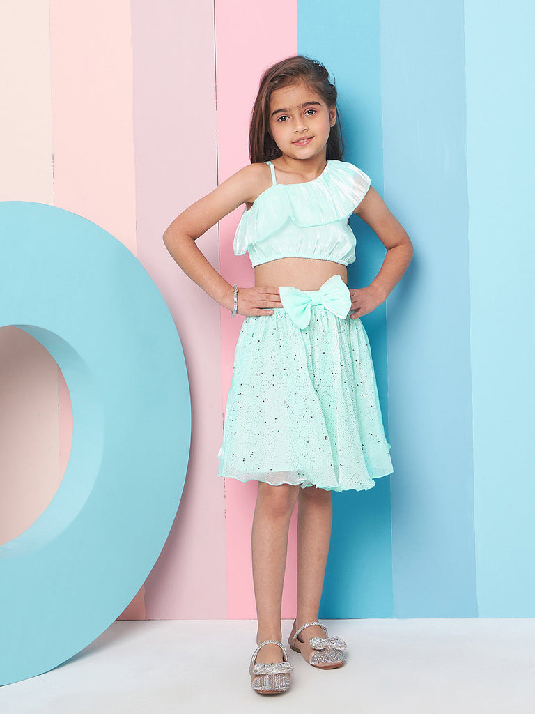 Girls Green Embellished One Shoulder sleeveless Top with Skirt (sk-shimgreen)