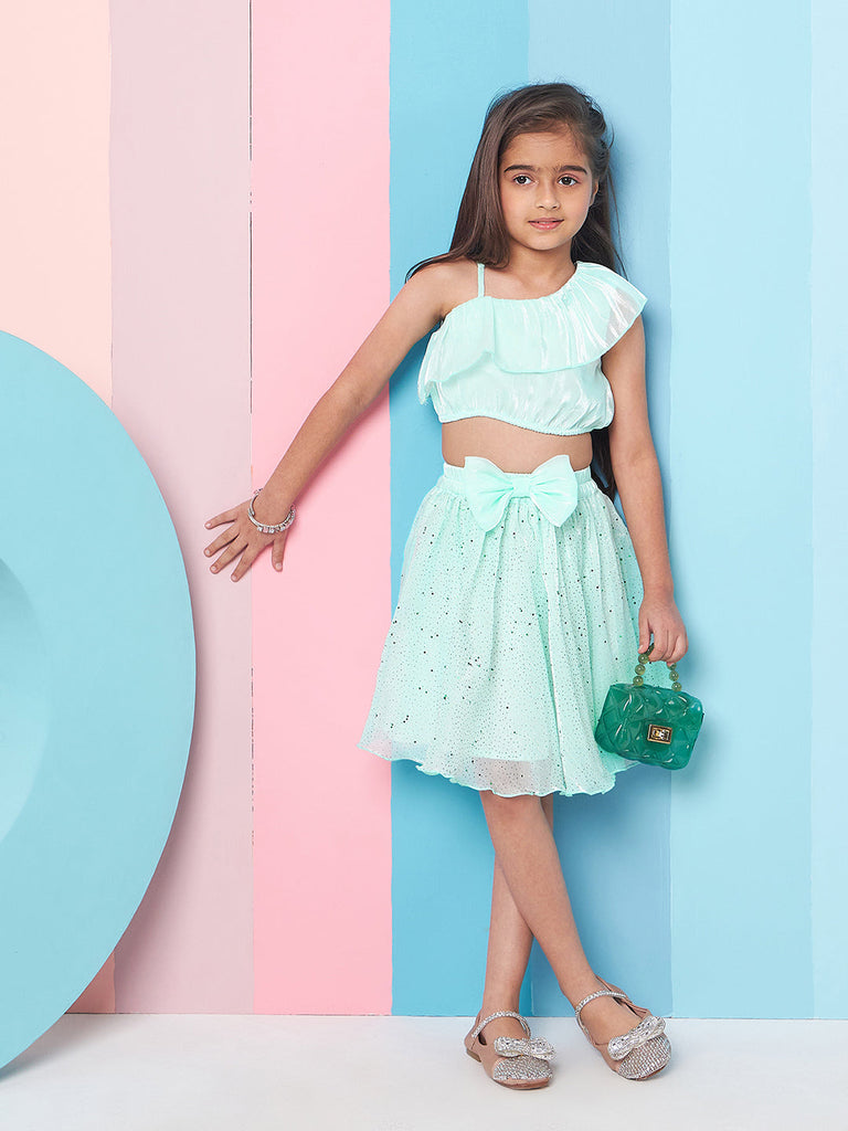 Girls Green Embellished One Shoulder sleeveless Top with Skirt (sk-shimgreen)