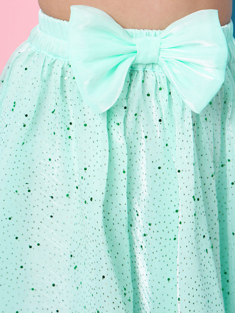 Girls Green Embellished One Shoulder sleeveless Top with Skirt (sk-shimgreen)