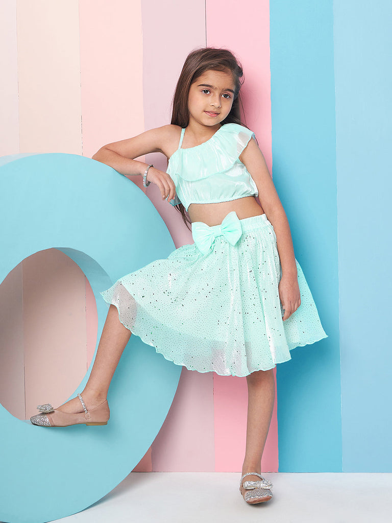 Girls Green Embellished One Shoulder sleeveless Top with Skirt (sk-shimgreen)