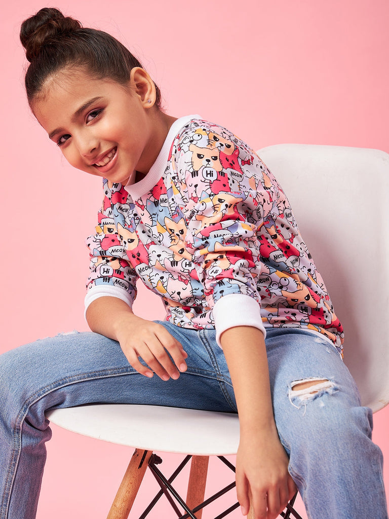 Girls Graphic Printed Pullover Sweatshirt (sw-multicat)