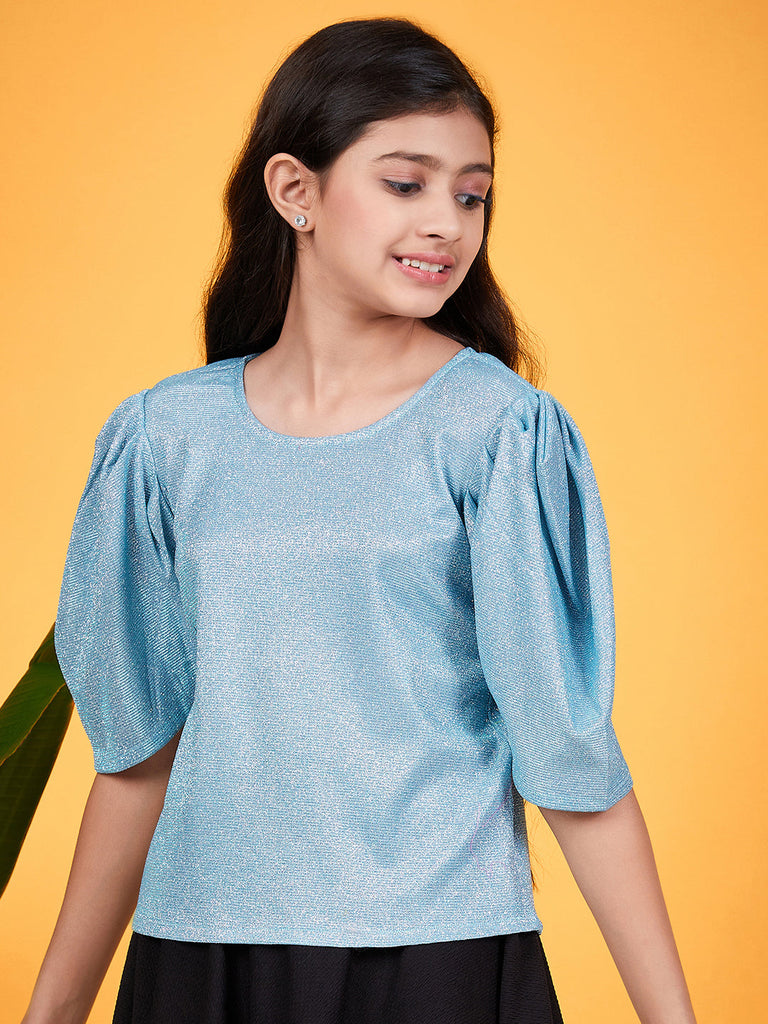 Girls Shimmer Round Neck Puff Sleeves Top (t-turqshim)