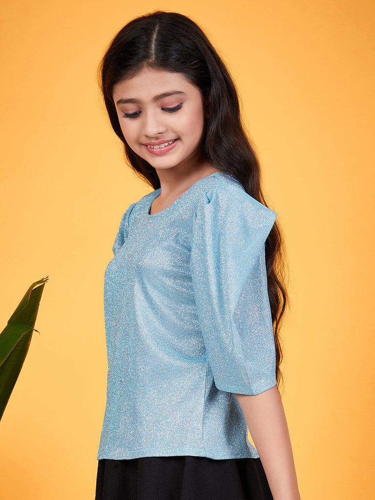 Girls Shimmer Round Neck Puff Sleeves Top (t-turqshim)