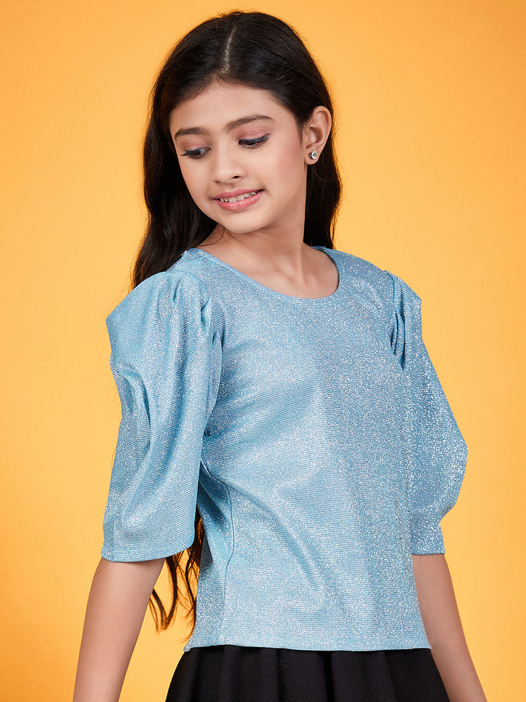 Girls Shimmer Round Neck Puff Sleeves Top (t-turqshim)