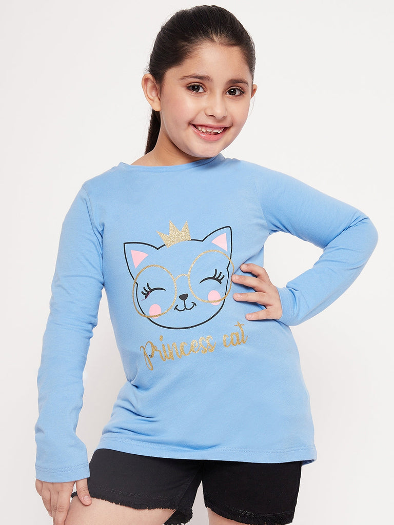 Girls Graphic Printed Long Sleeves Relaxed Fit Cotton T-Shirt (tt-bluekitty)