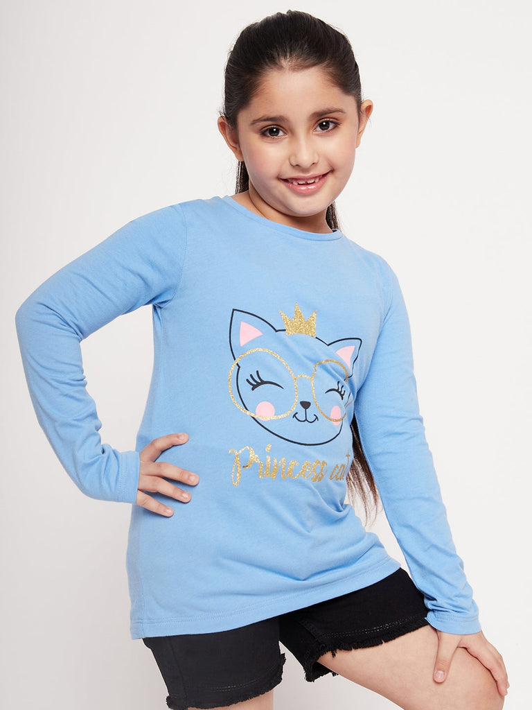 Girls Graphic Printed Long Sleeves Relaxed Fit Cotton T-Shirt (tt-bluekitty)