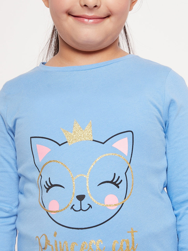 Girls Graphic Printed Long Sleeves Relaxed Fit Cotton T-Shirt (tt-bluekitty)