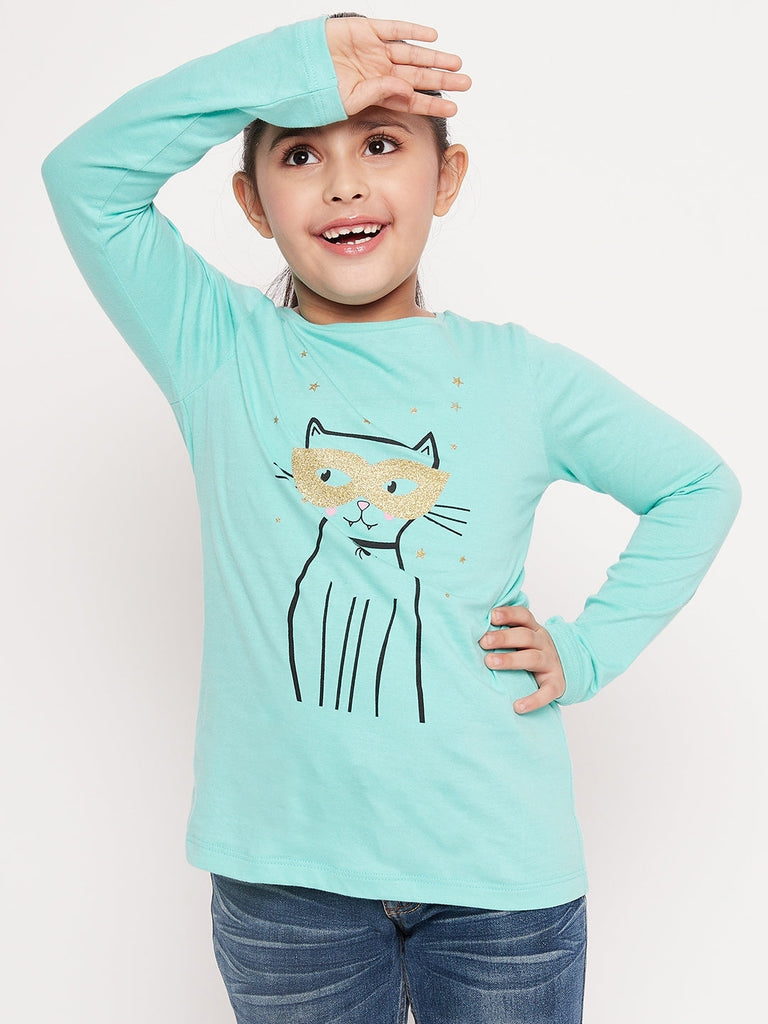 Girls Graphic Printed Cotton T-Shirt (tt-greenkitty)