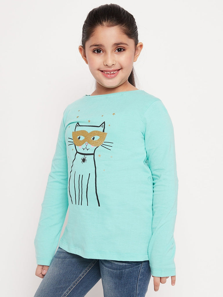 Girls Graphic Printed Cotton T-Shirt (tt-greenkitty)