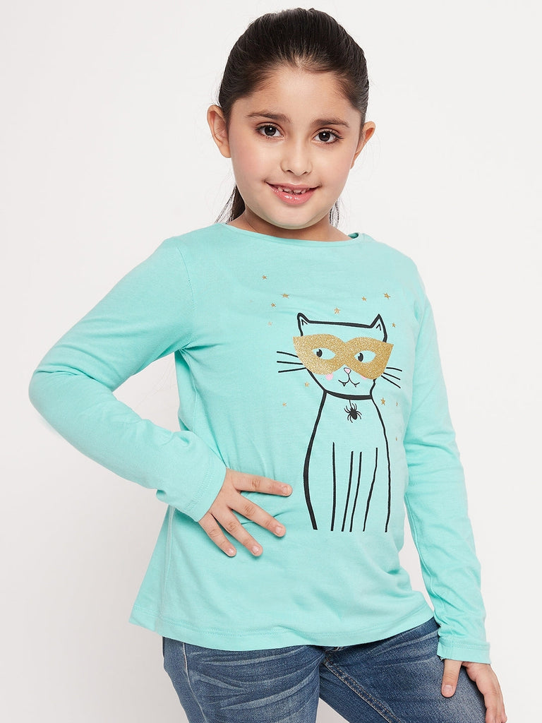 Girls Graphic Printed Cotton T-Shirt (tt-greenkitty)