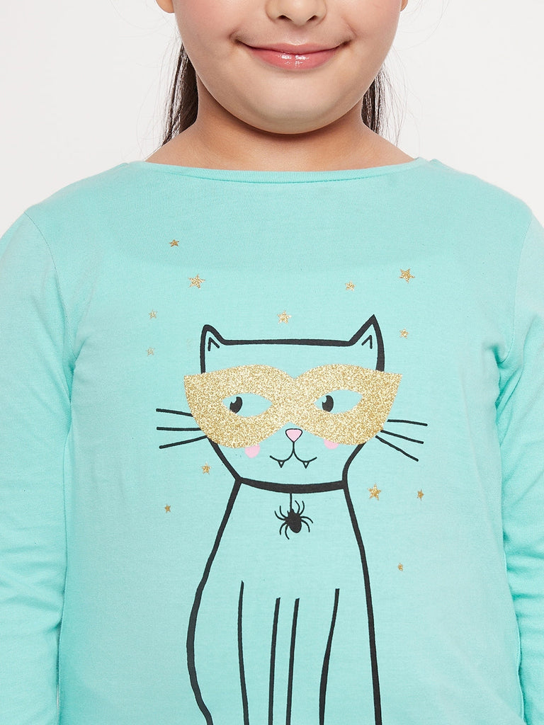 Girls Graphic Printed Cotton T-Shirt (tt-greenkitty)