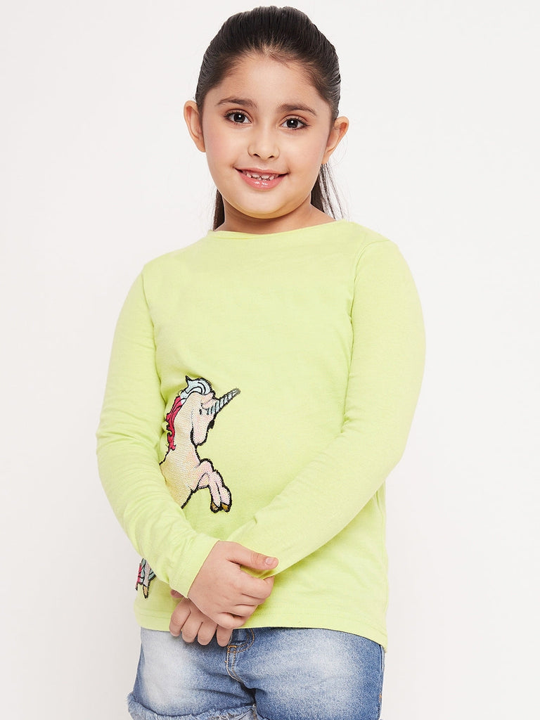 Girls Unicorn Graphic Printed Cotton T-Shirt (tt-greenunicorn)