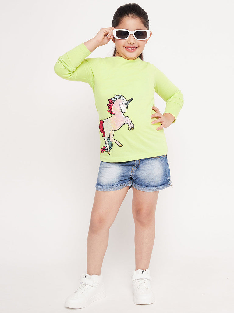 Girls Unicorn Graphic Printed Cotton T-Shirt (tt-greenunicorn)