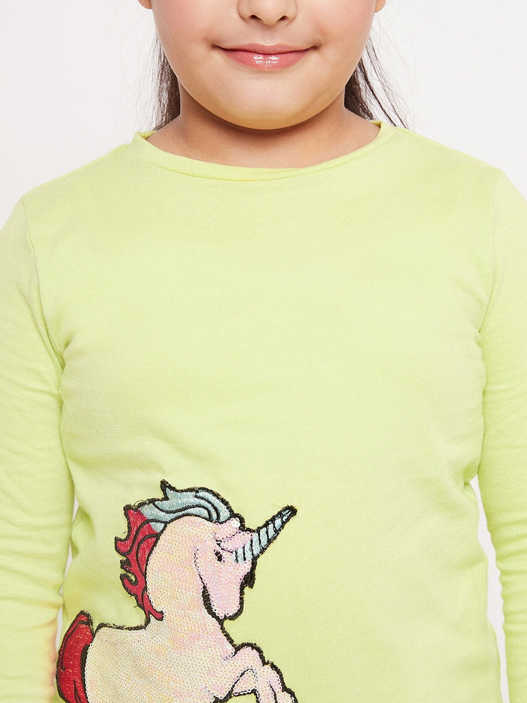 Girls Unicorn Graphic Printed Cotton T-Shirt (tt-greenunicorn)