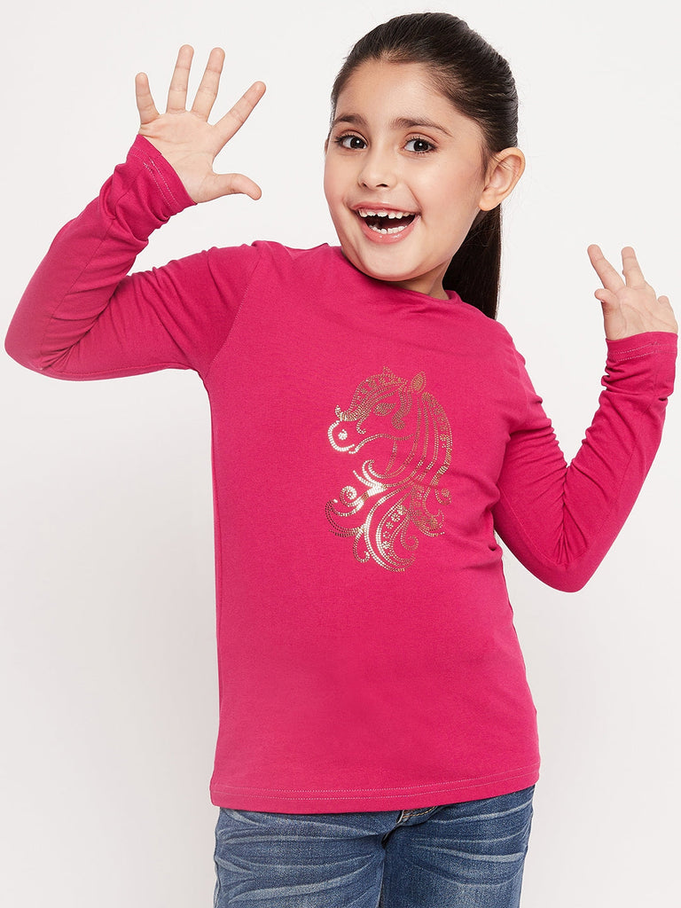 Girls Graphic Printed Long Sleeves Relaxed Fit Cotton T-Shirt (tt-magentauni)