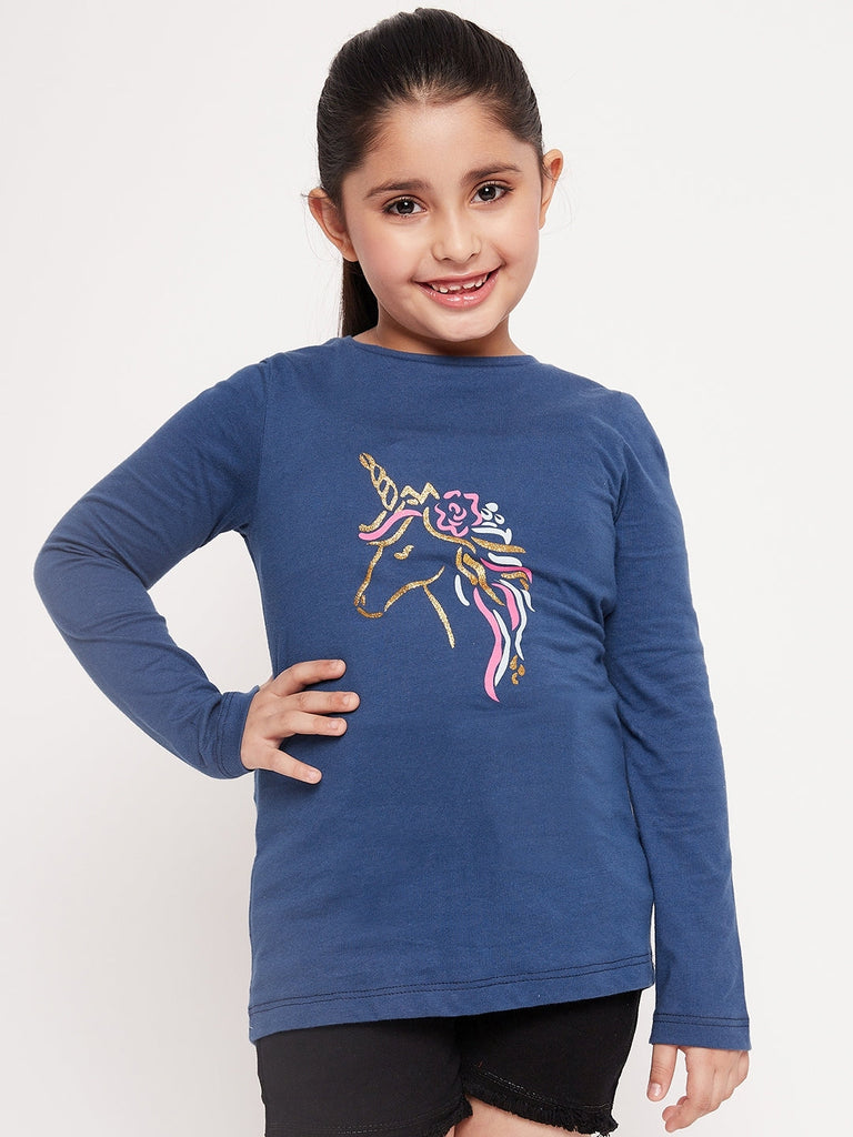 Girls Graphic Printed Cotton T-Shirt (tt-navyunicorn)