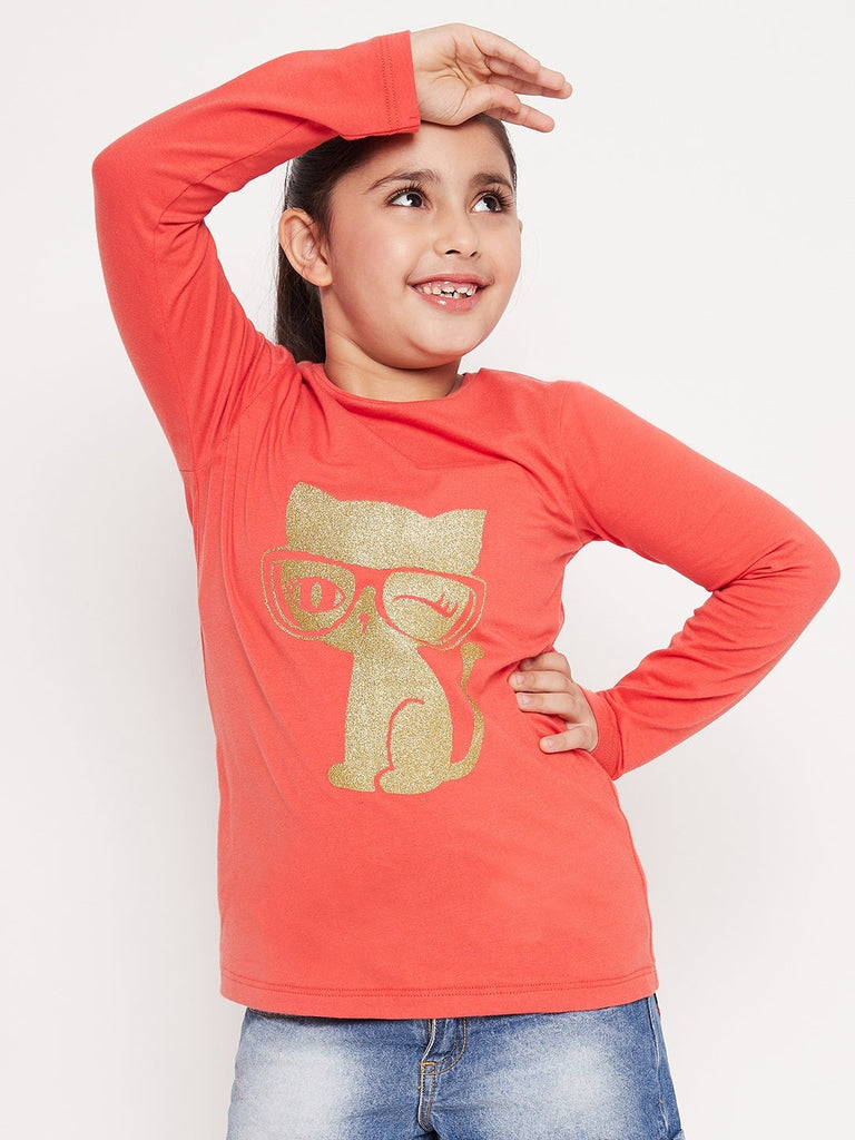 Girls Graphic Printed Cotton T-Shirt (tt-orangekitty)