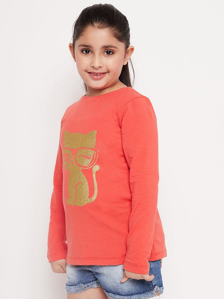 Girls Graphic Printed Cotton T-Shirt (tt-orangekitty)