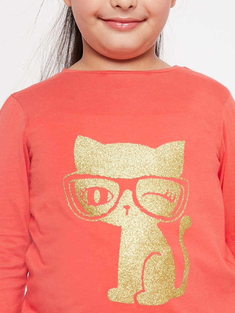 Girls Graphic Printed Cotton T-Shirt (tt-orangekitty)