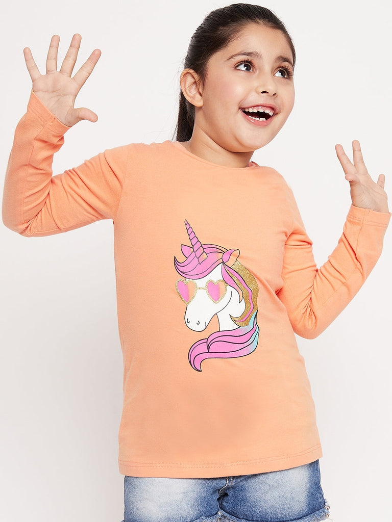 Girls Unicorn Graphic Printed Cotton T-Shirt (tt-peachunicorn)