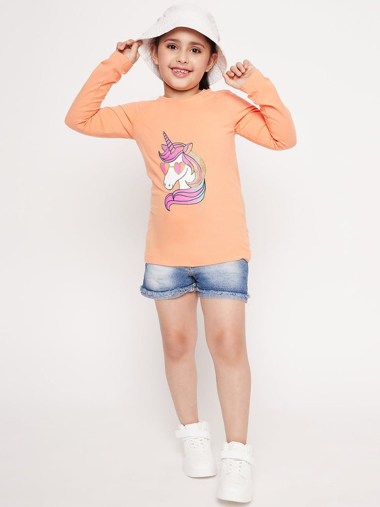 Girls Unicorn Graphic Printed Cotton T-Shirt (tt-peachunicorn)