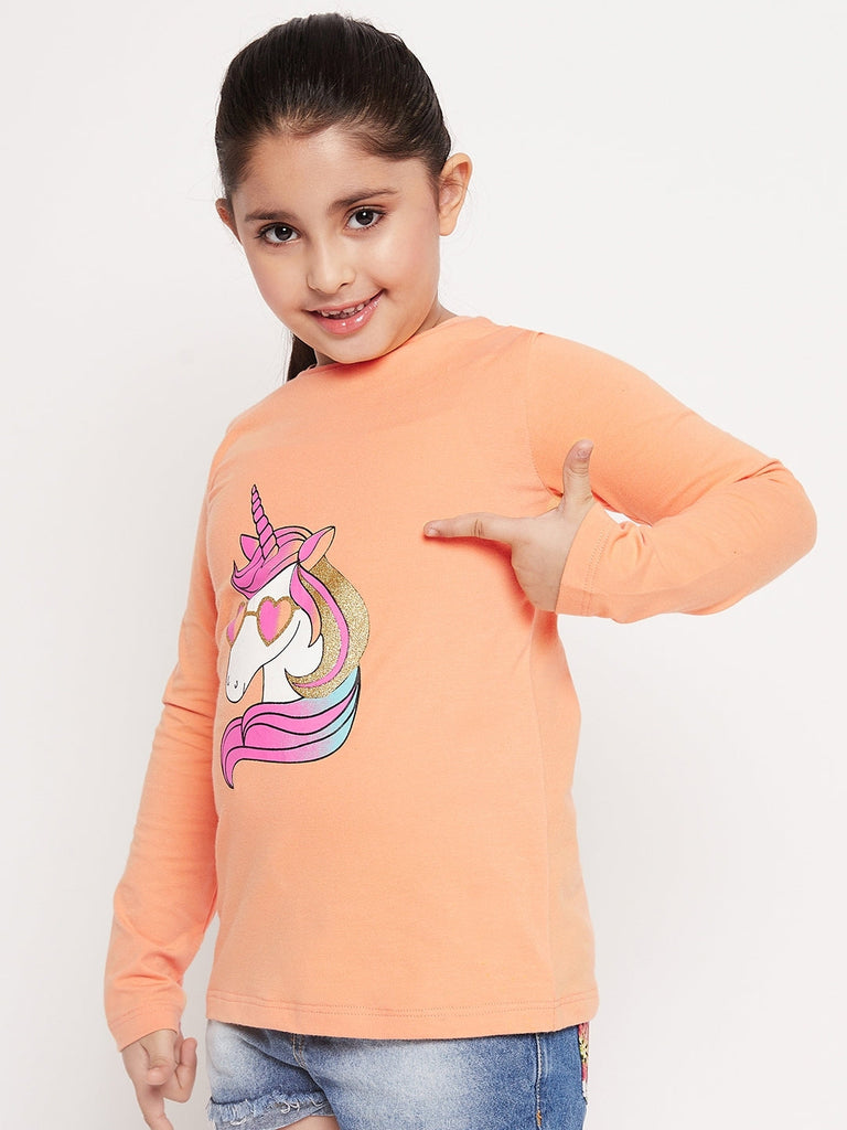 Girls Unicorn Graphic Printed Cotton T-Shirt (tt-peachunicorn)