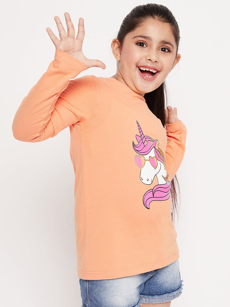 Girls Unicorn Graphic Printed Cotton T-Shirt (tt-peachunicorn)