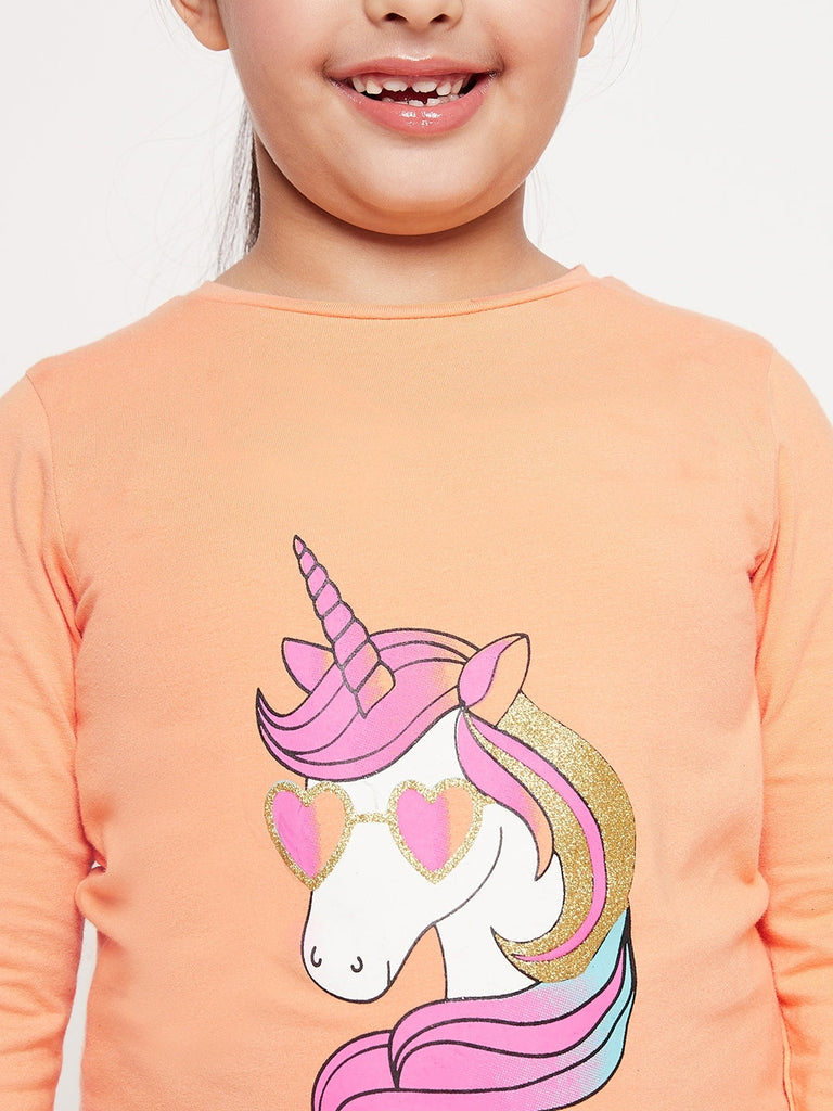 Girls Unicorn Graphic Printed Cotton T-Shirt (tt-peachunicorn)