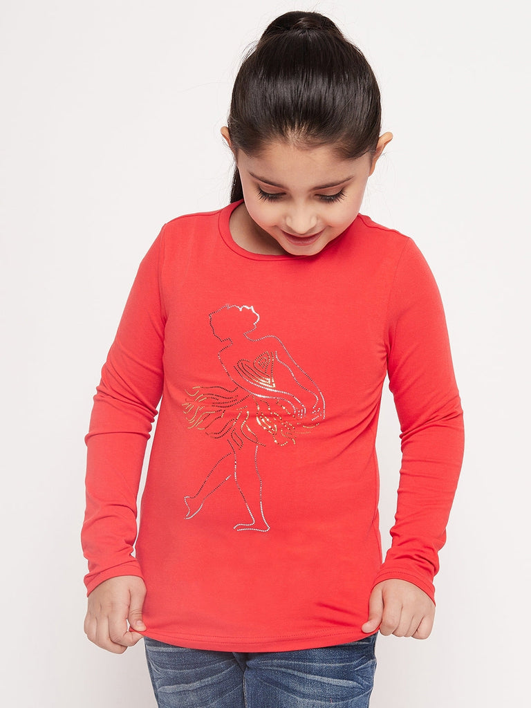 Girls Graphic Printed Long Sleeves Relaxed Fit Cotton T-Shirt (tt-reddoll)